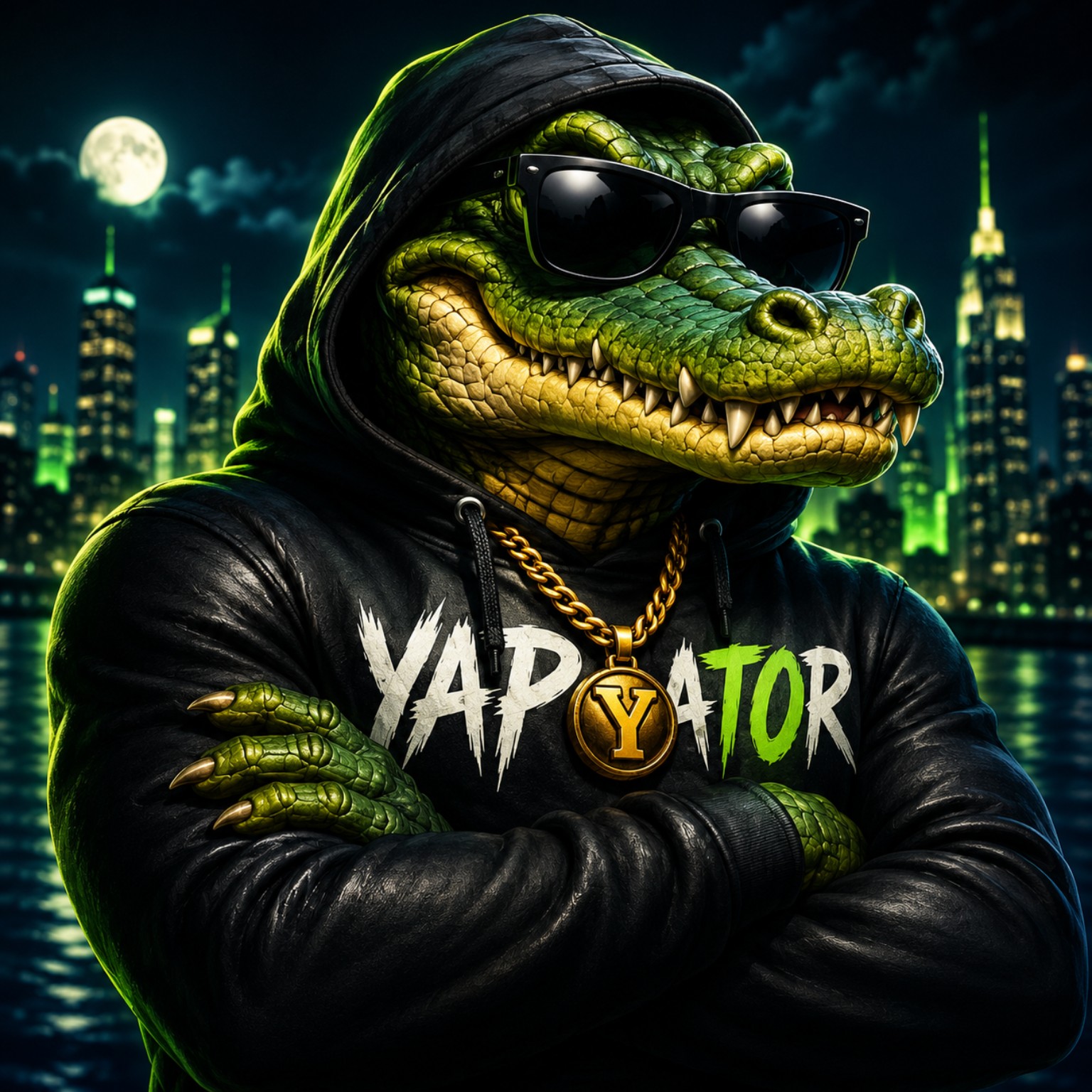 YAPGATOR mascot wearing sunglasses, hoodie, and gold chain